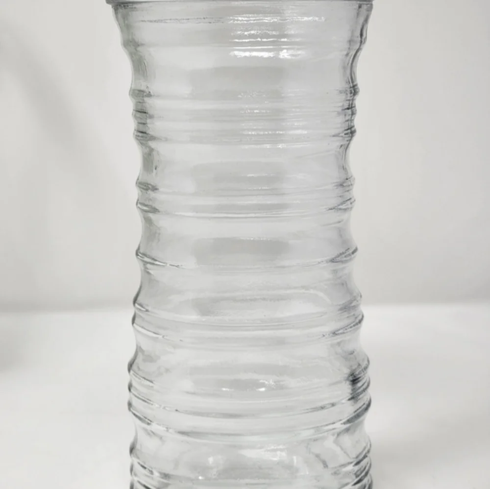 Vintage Tall Clear Glass Vase With Finger Holds Tapered Waist Concentric Circles